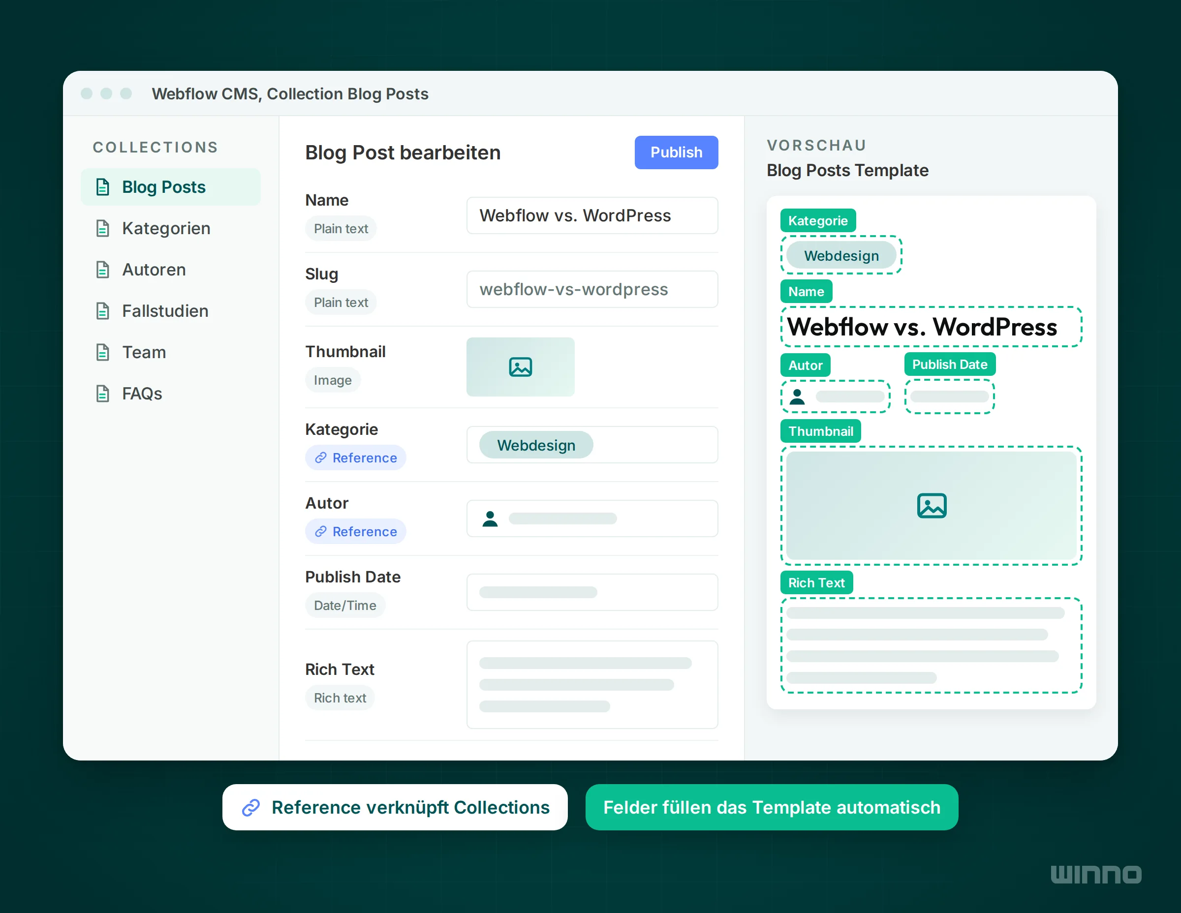 Webflow CMS mit Blog-Collection, Feldern wie Name, Slug, Thumbnail, Kategorie und Autor als Reference sowie Vorschau des Blog-Templates