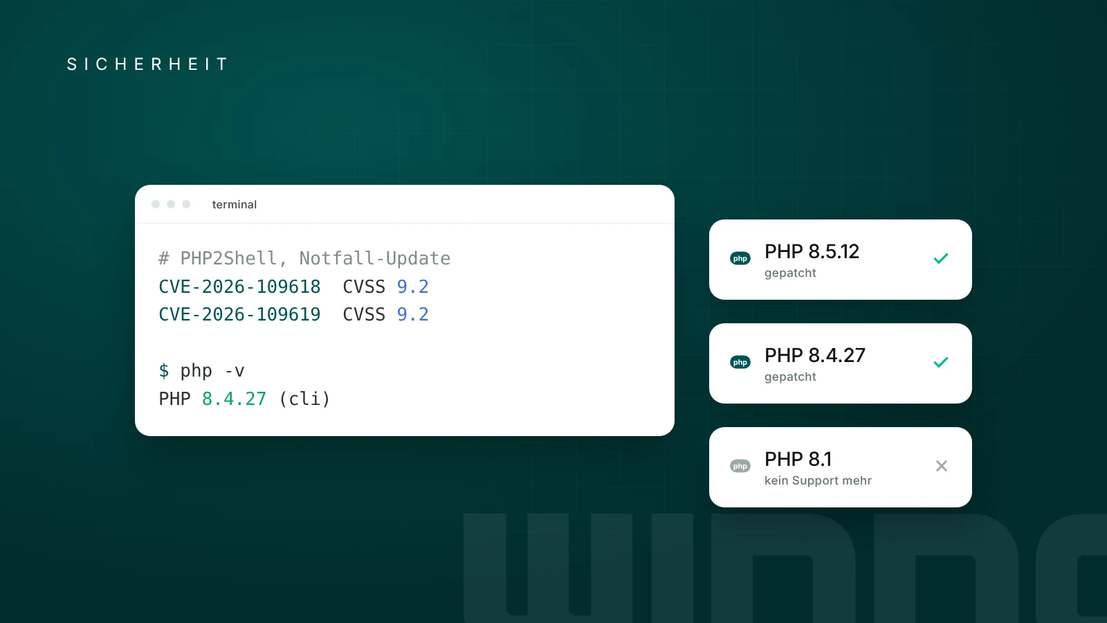Terminal mit den CVE-Nummern von PHP2Shell und Statuskarten für gepatchte und nicht mehr unterstützte PHP-Versionen