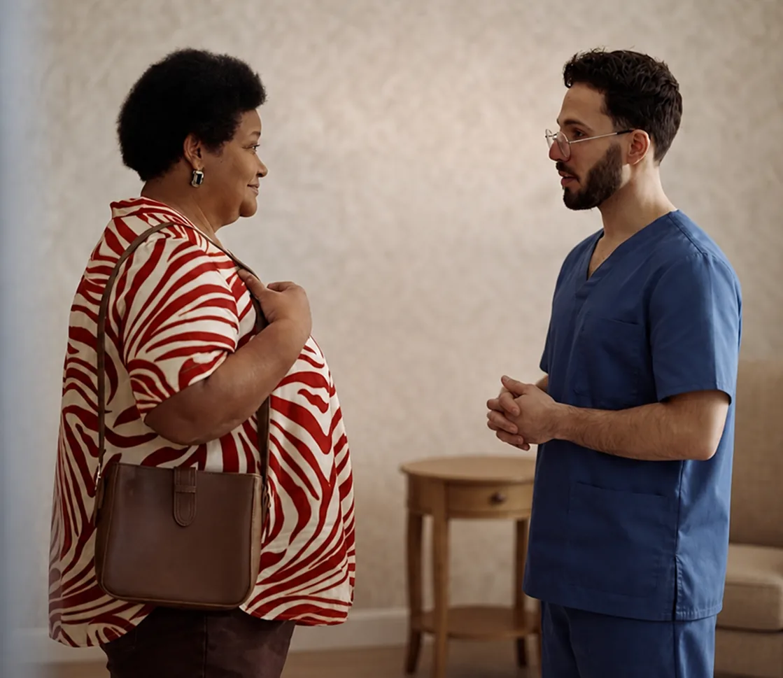 A patient talking with a nurse in scrubs before her infusion appointment