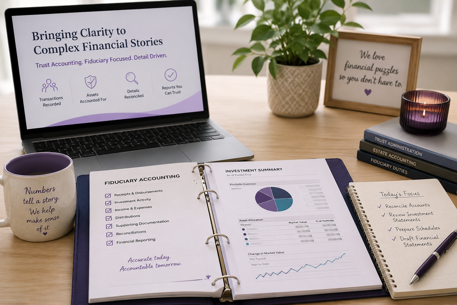 Fiduciary accounting records with investment statements and financial reporting documents