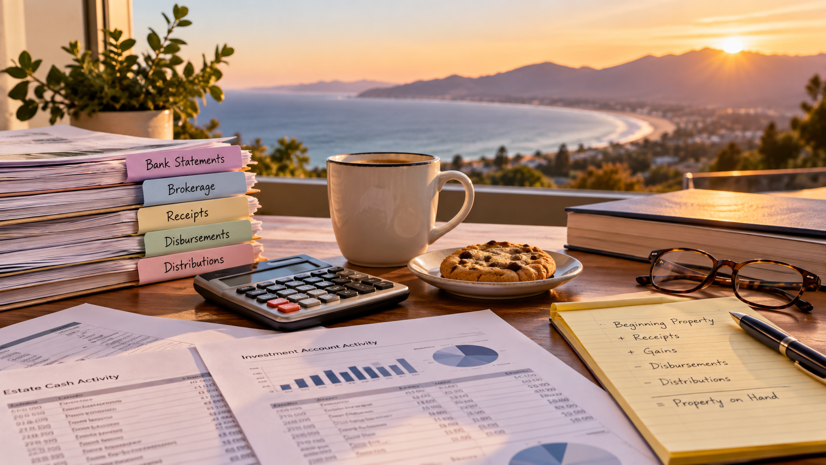 California probate accounting workspace with estate financial records, brokerage statements, and accounting schedules