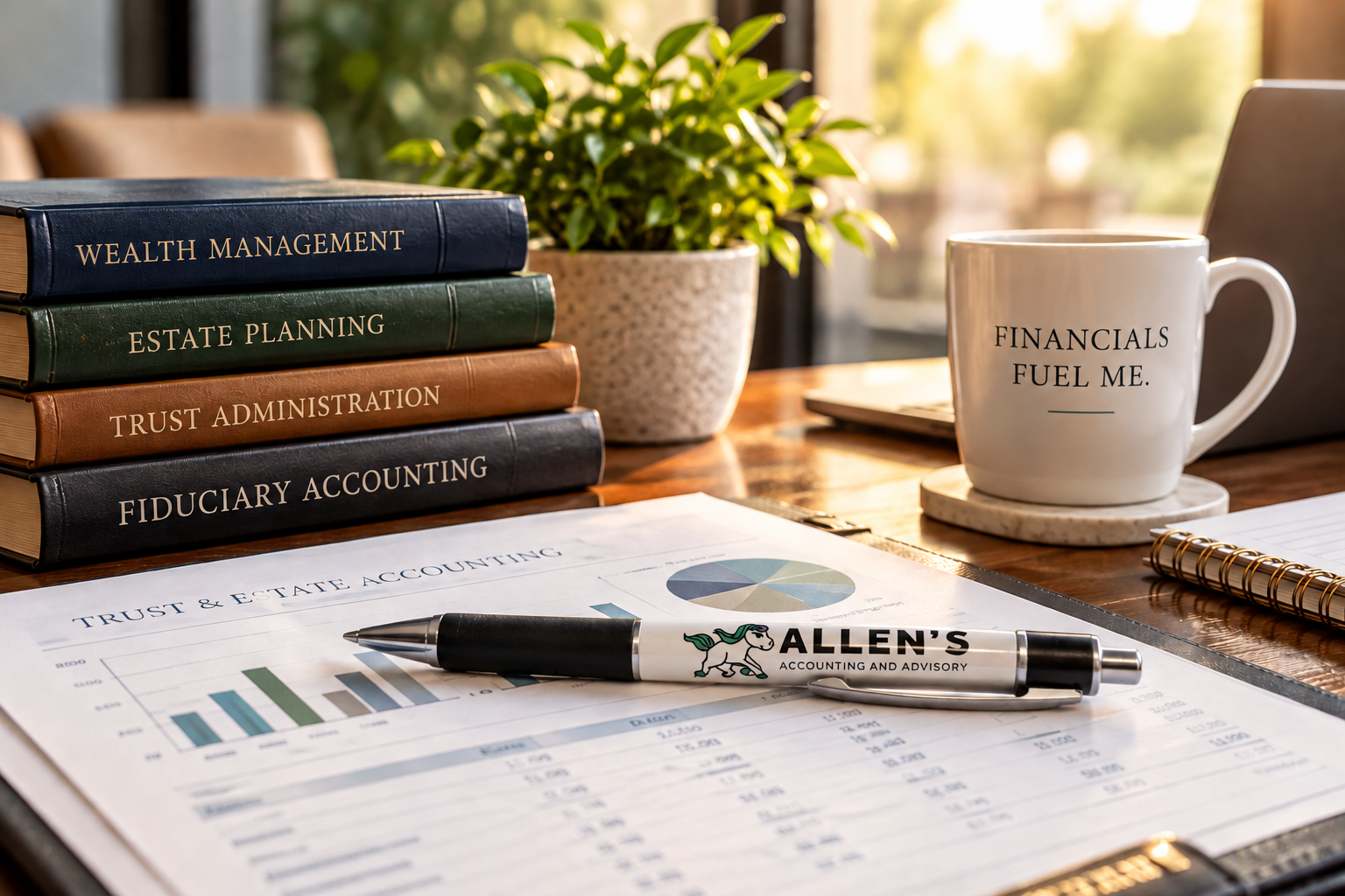 Fiduciary accounting workspace featuring Allen's Accounting branded pen, financial reports, and estate planning books.
