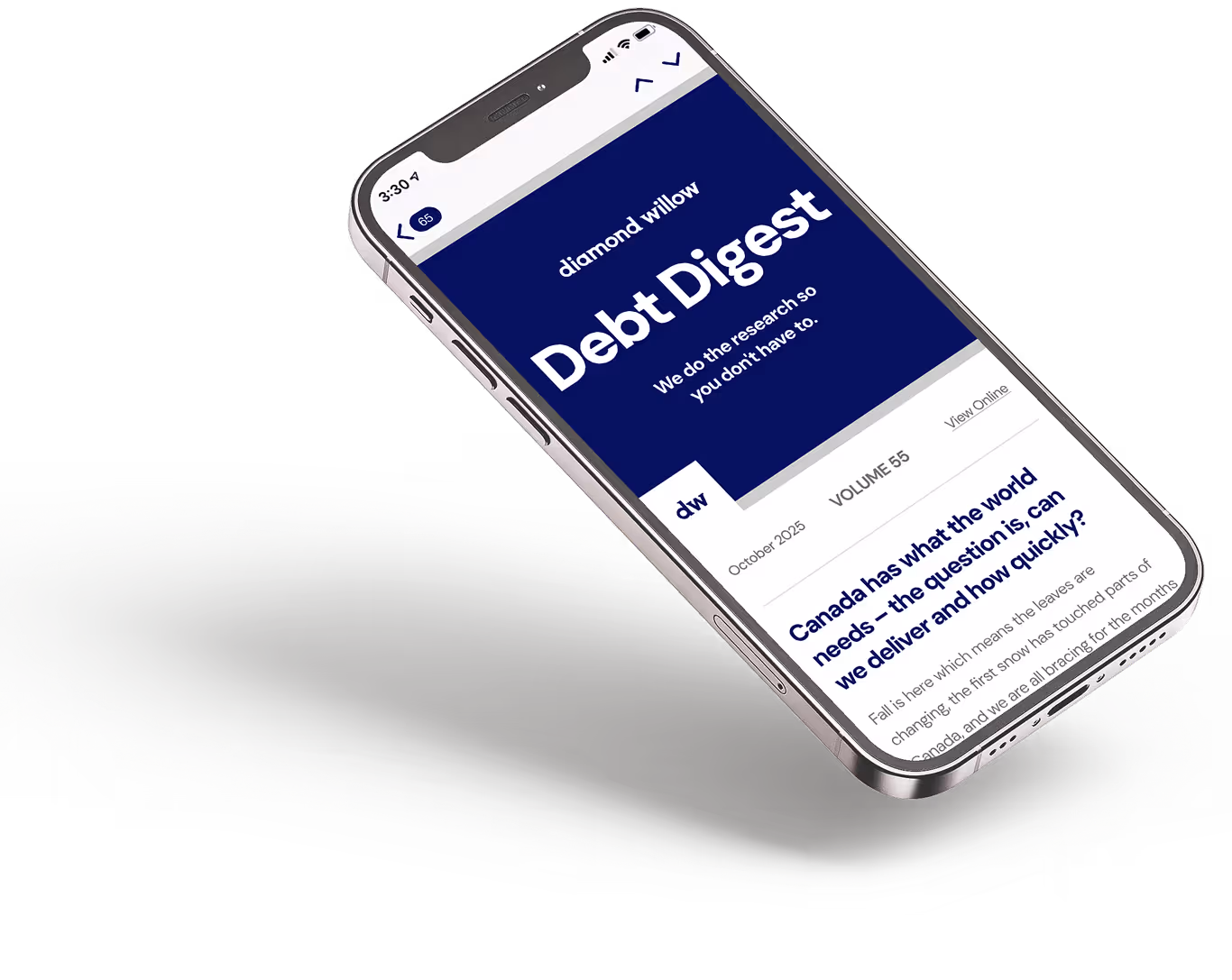 Smartphone with Newsletter Debt Digest promotion on the screen.