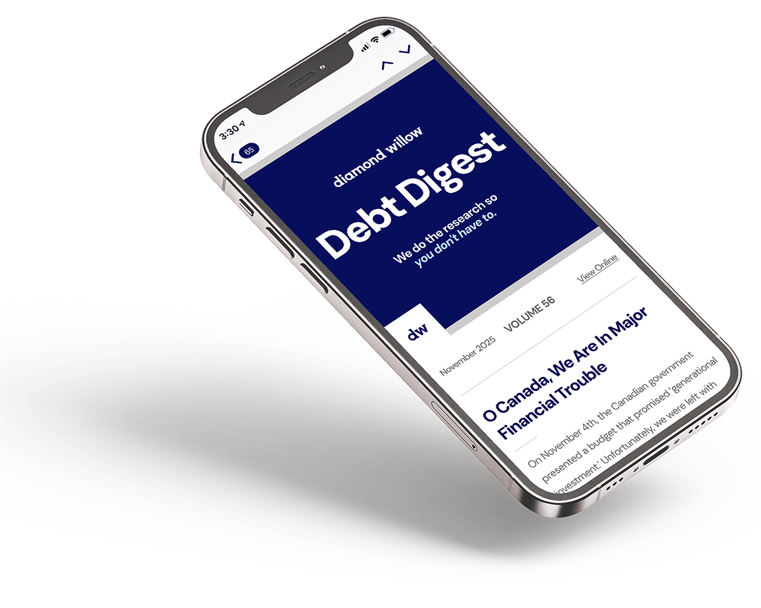 Smartphone displaying a newsletter titled 'Debt Digest' by Diamond Willow, November 2025 edition highlighting major financial trouble in Canada.