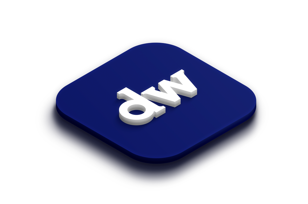 3D dark blue square icon with rounded corners displaying white lowercase letters 'dw' in the center.