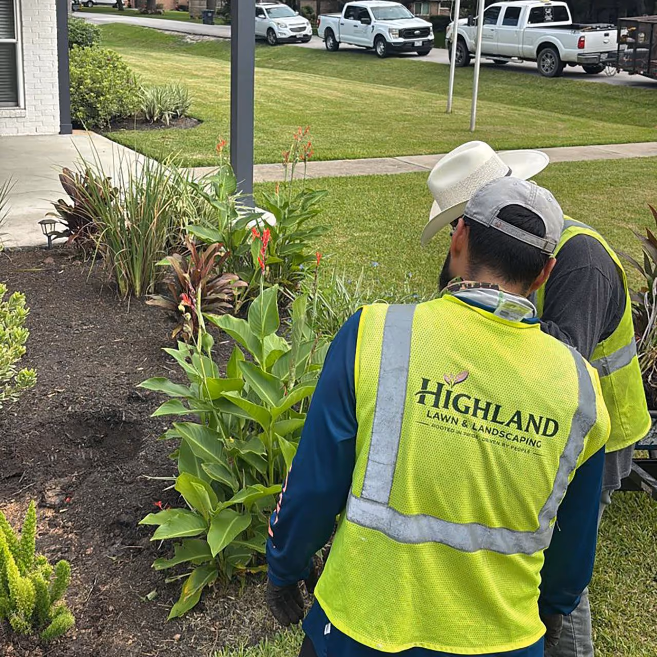 Highland Lawn & Landscaping crew installing new landscaping at a HOA property in Brazoria County