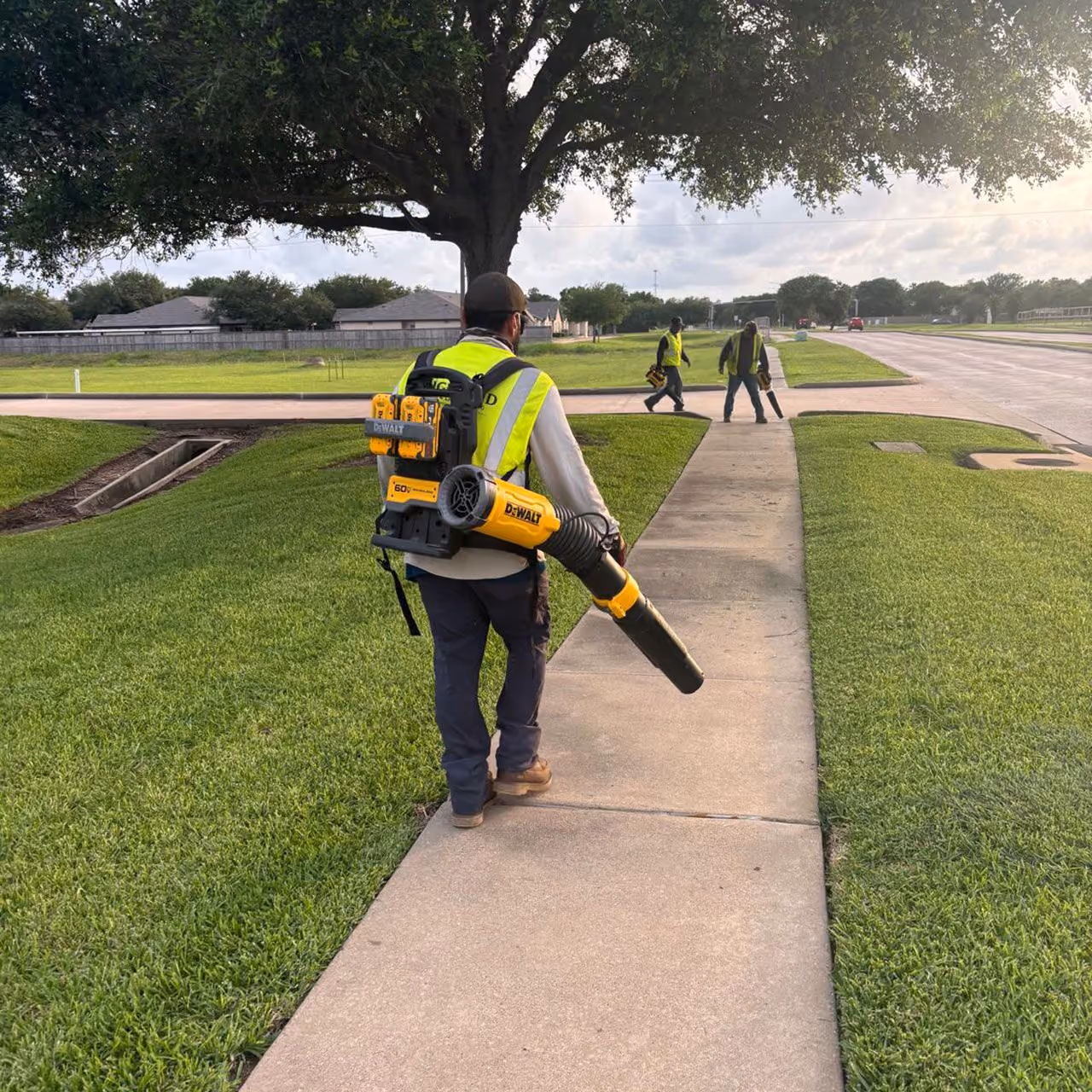 Commercial landscaping crew working on property in Brazoria County