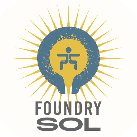Foundry Sol logo featuring a stylized sunburst behind a blue and gold lightbulb shape with a minimal human figure inside.