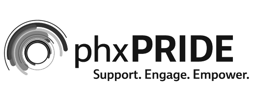 Logo with circular abstract design followed by text 'phxPRIDE' and tagline 'Support. Engage. Empower.'