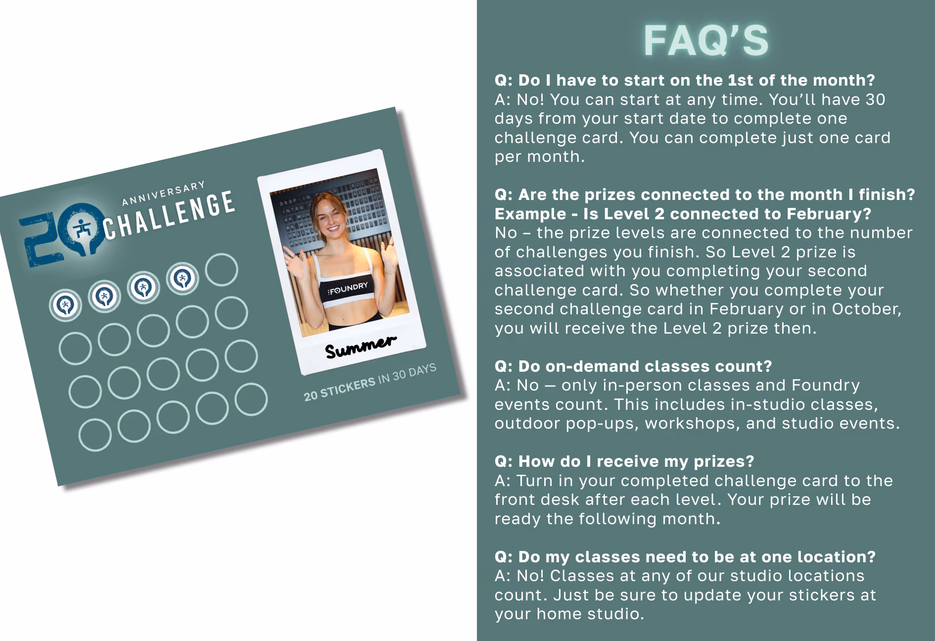 20 Anniversary Challenge card with stickers and FAQs about start dates, prizes, classes, and locations.