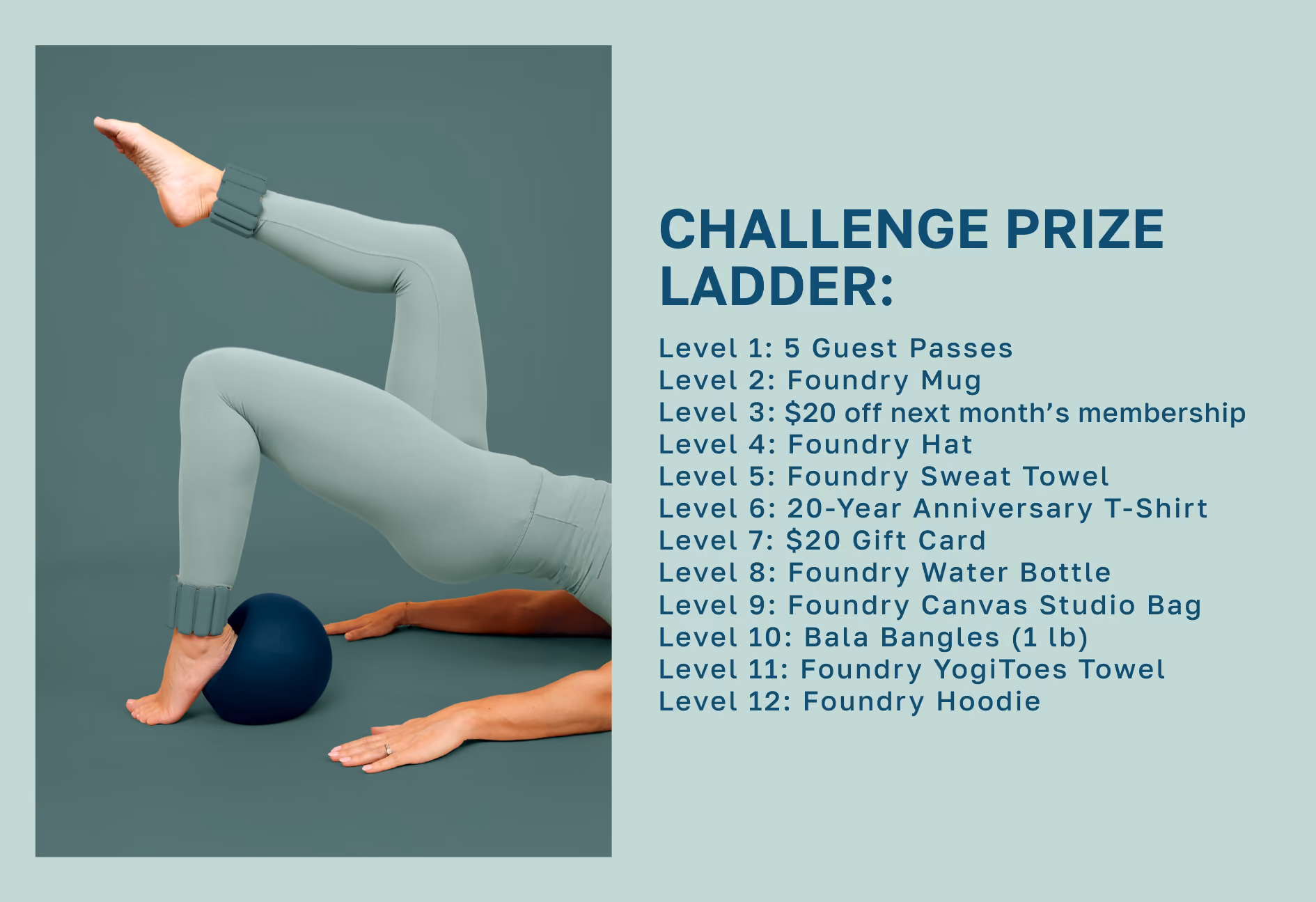 Person in light green leggings doing a leg lift over a blue ball with prize ladder text on right.