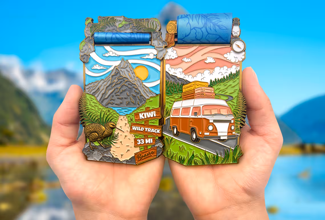 Kiwi Wild Track Medal front and back in the hands