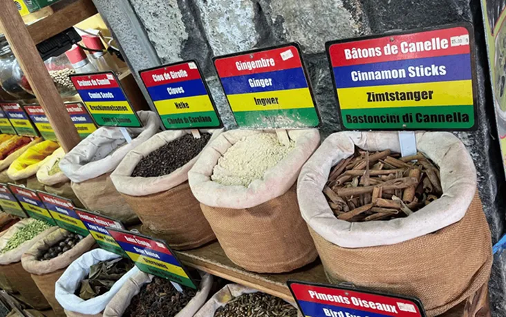 Stand coloré d’épices locales découvert avec MJ Holidays à l’île Maurice.