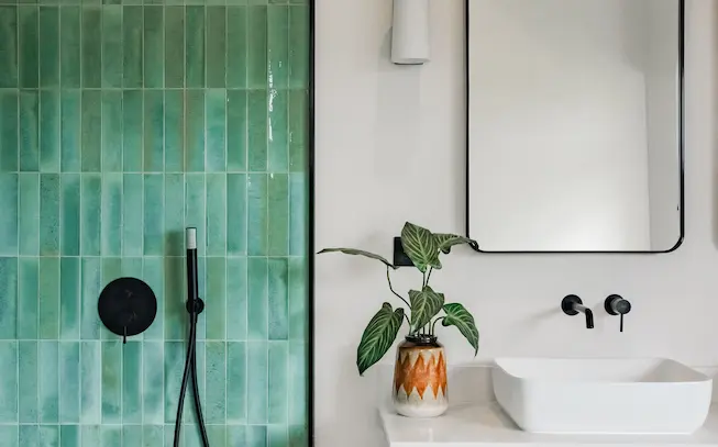 Bathroom decorated in green tones at the Signature Pool Villa with MJ Holidays in Mauritius.