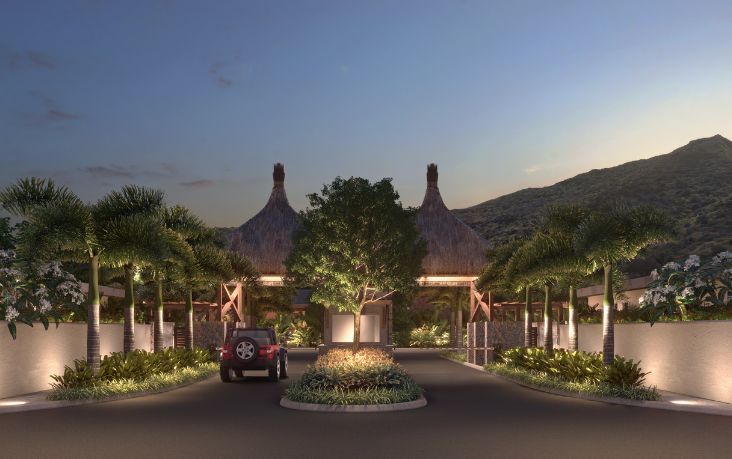 The elegant entrance to a villa in Mauritius welcomes travelers in a refined setting signed by MJ Holidays.