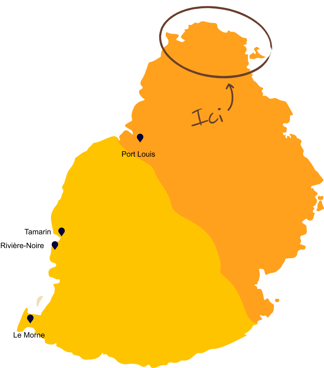 La carte de l’île Maurice présente les emplacements exclusifs des villas et expériences proposées par MJ Holidays.