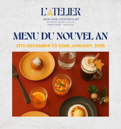 Menu du Nouvel An du 31 décembre 2025 à l’île Maurice, une expérience festive mêlant saveurs d’exception, esprit de célébration et élégance tropicale signée MJ Holidays.