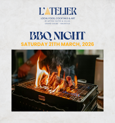 BBQ Night at L'Atelier Restaurant in Mauritius, a gourmet and friendly evening celebrating the art of sharing around a generous barbecue menu, in a warm and tropical atmosphere signed by MJ Holidays.