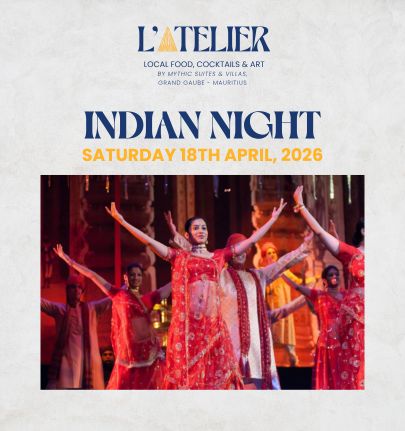 Indian evening at L'Atelier Restaurant in Mauritius, a festive and elegant event celebrating Indian flavors and traditions through a refined gastronomic experience, in a warm and tropical atmosphere signed by MJ Holidays.