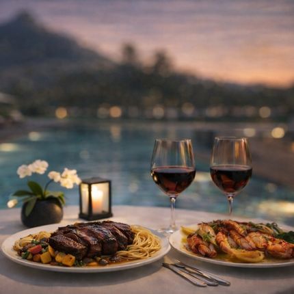 Brasero allumé créant une ambiance chaleureuse au Restaurant Tamarin avec MJ Holidays à l’île Maurice.