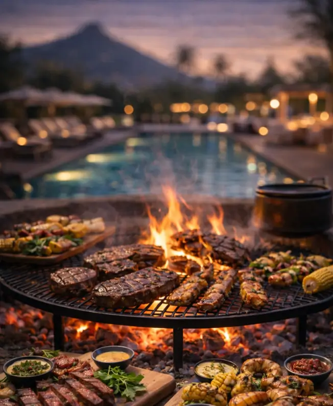 Flammes d’un brasero créant une atmosphère conviviale au Restaurant Tamarin avec MJ Holidays.