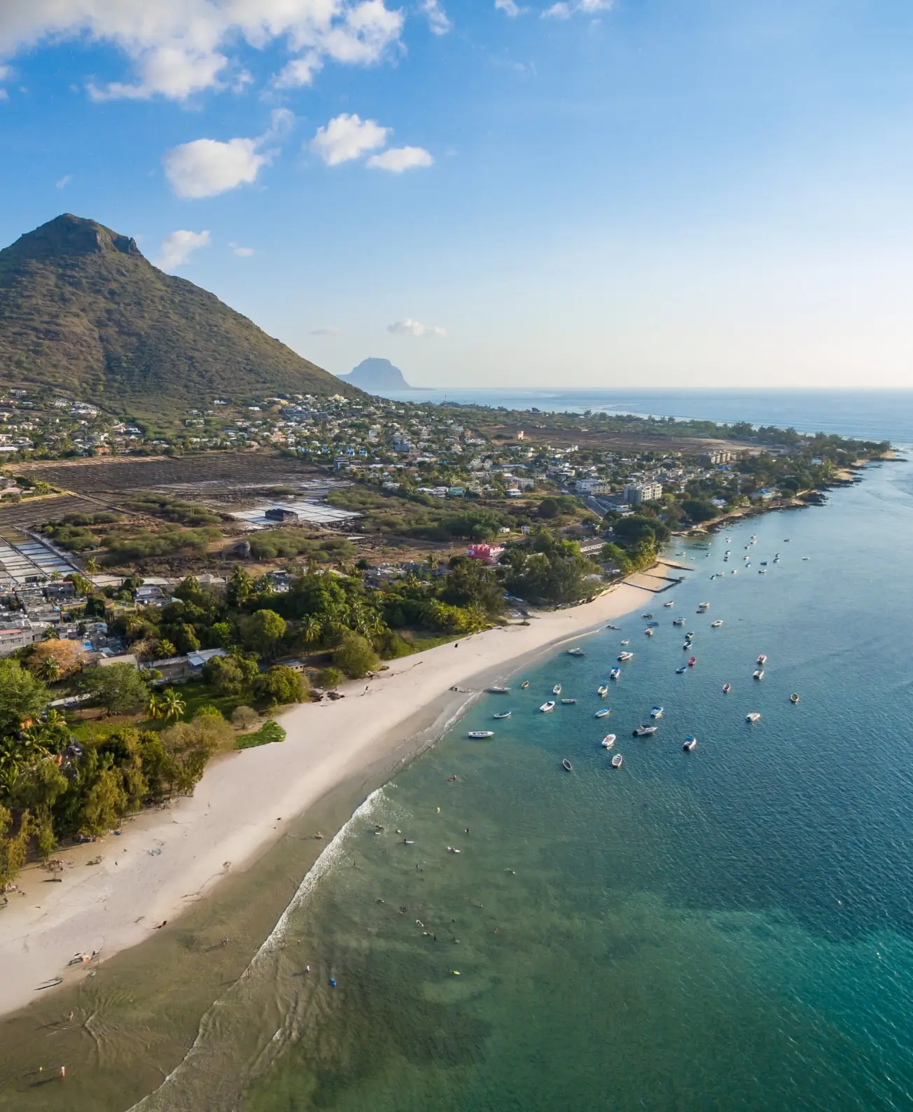 Aerial view of Tamarin and its turquoise waters with MJ Holidays in Mauritius.