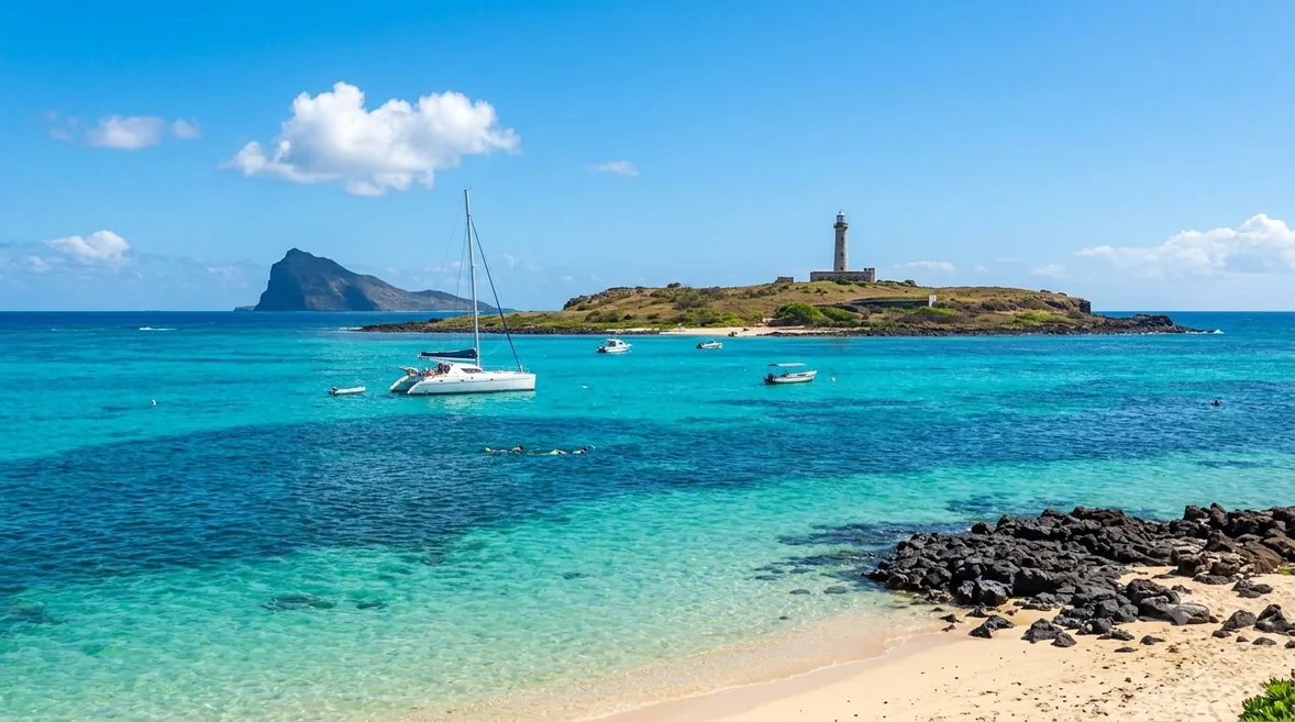 Catamaran devant le phare de l’île Plate
