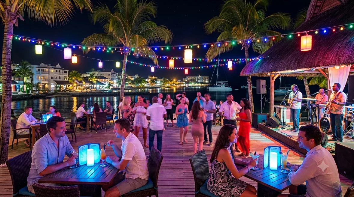 Terrasse animée en soirée à l’île Maurice