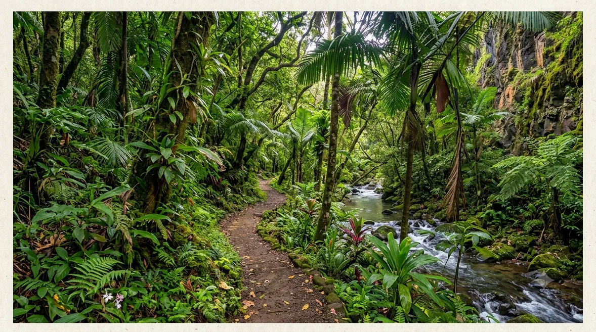 Sentier de randonnée en forêt tropicale à Rivière Noire