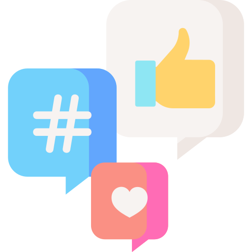 Text bubbles with thumbs up emojis, hashtags, and a heart. 