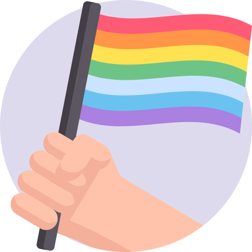 A hand holding a bright rainbow flag.