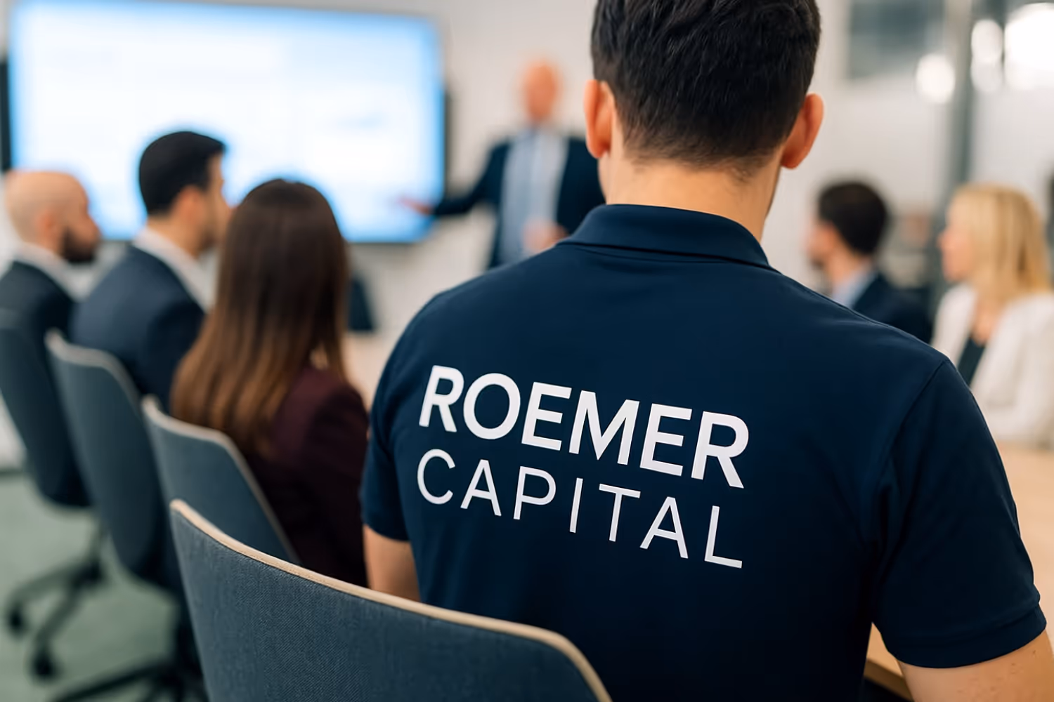 A man wearing a Roemer Capital shirt.
