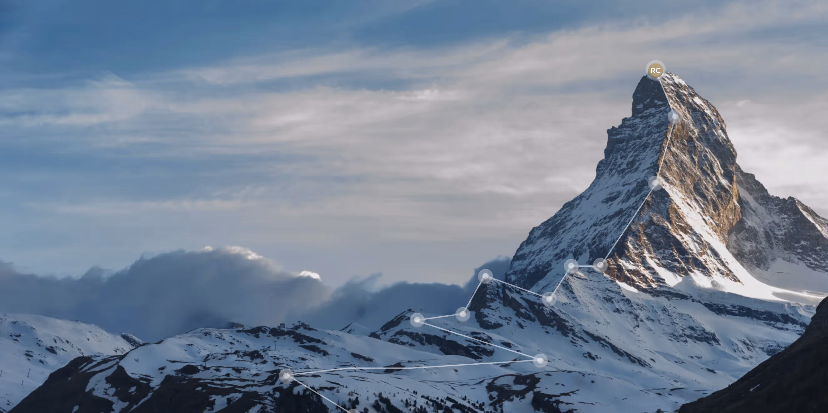 Snow-covered mountain peak with a climbing route marked by connected dots leading to the summit under a partly cloudy sky.
