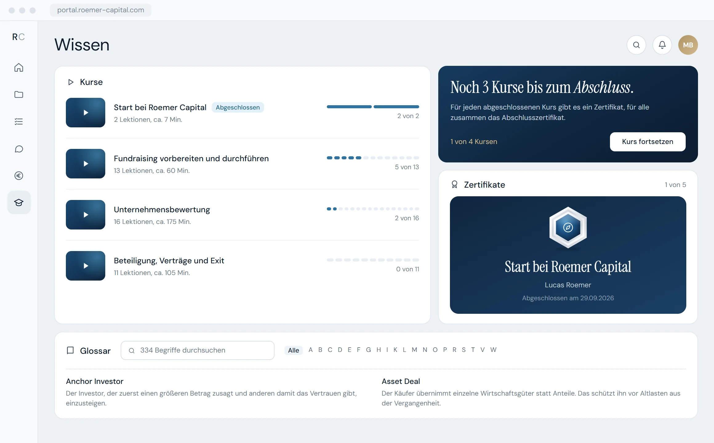 Members area in the RCOS client portal with video courses, a course certificate and a glossary (sample data)