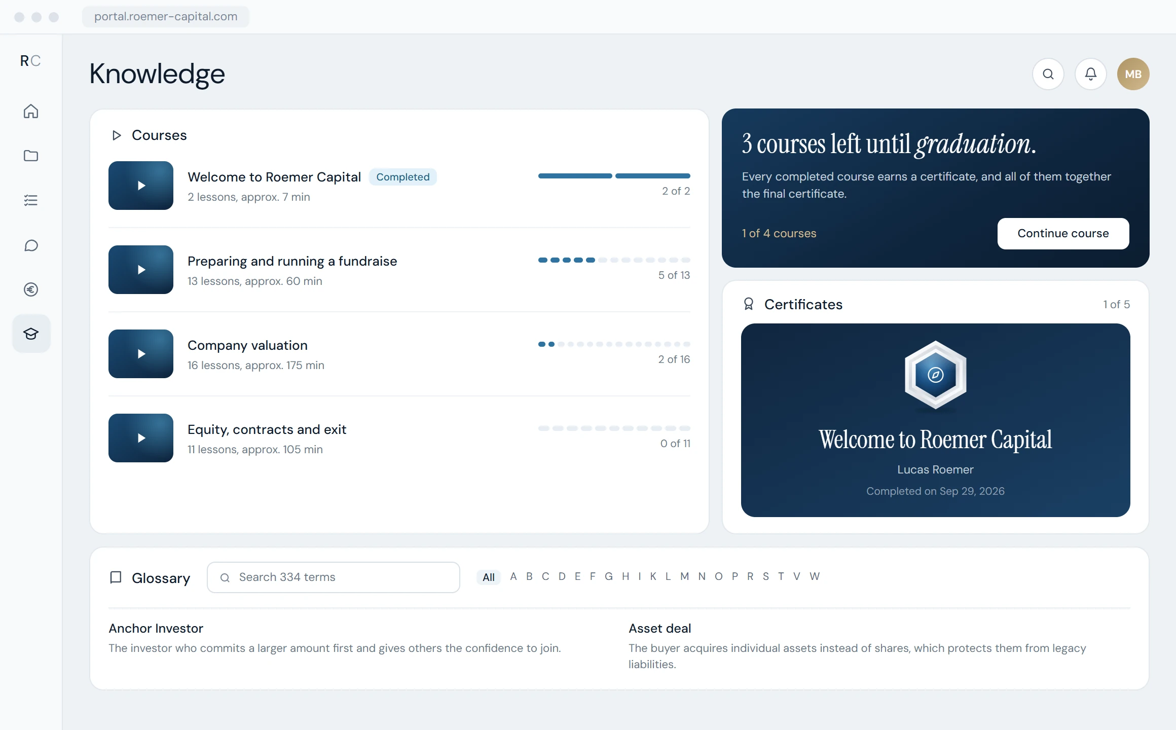 Knowledge area in the RCOS client portal with video courses, a course certificate and a glossary (sample data)