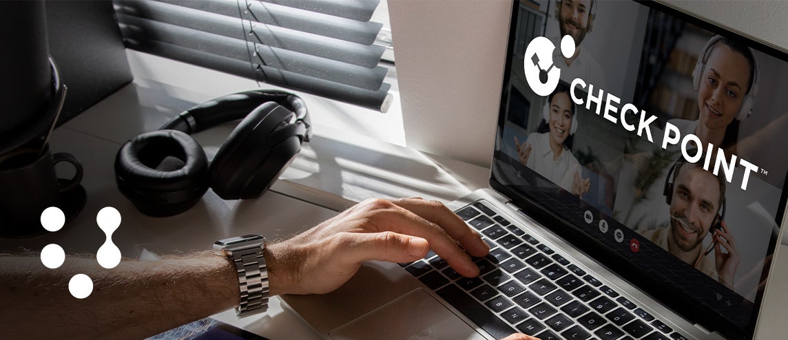 man using laptop with Check Point company logo on screen
