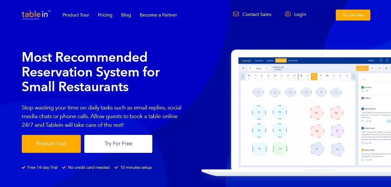 A screenshot of TableIn's signup page