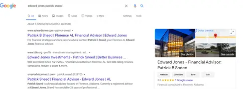 A screenshot of a financial services firm's Google profile in search results