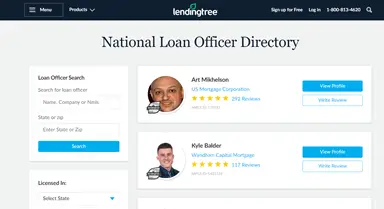 A screenshot of LendingTree's loan directory