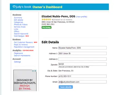 A screenshot of the profile dashboard on Judy's Book
