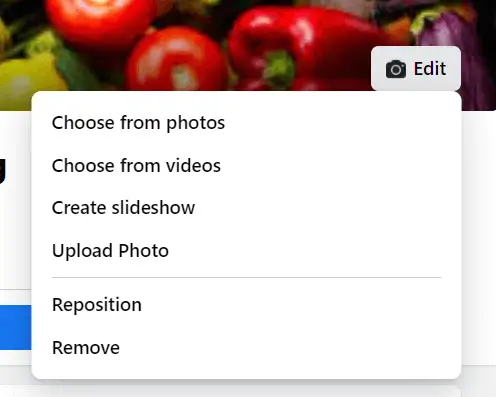 A screenshot of Facebook for Business' add a cover image option