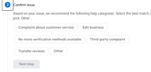 A screenshot of Google's customer support options for GMB