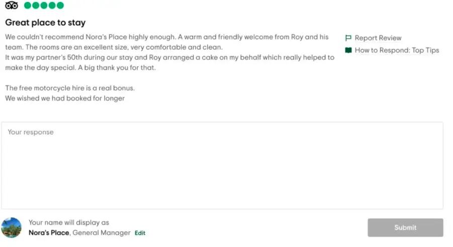 A screenshot of the review response space on TripAdvisor
