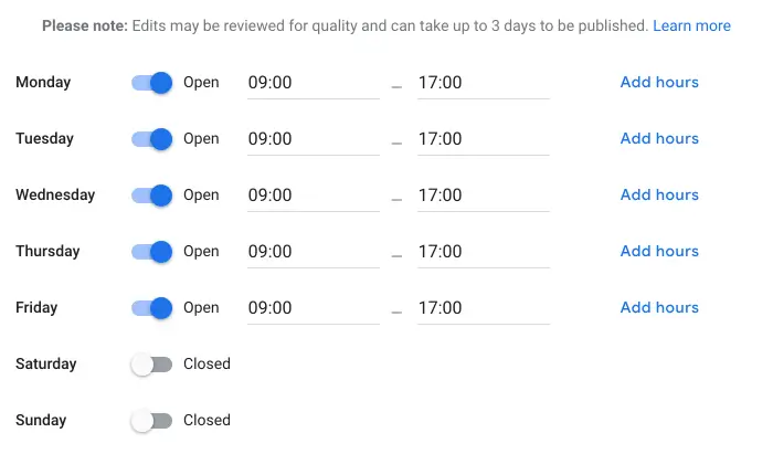 A screenshot of Google My Business' store hours editor