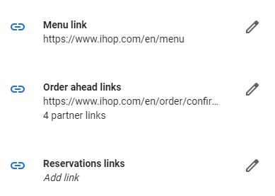 A screenshot of Google My Business' reservation links page