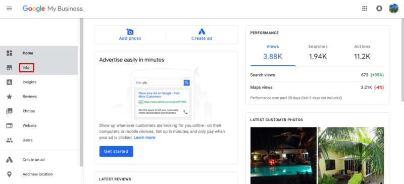 A screenshot of Google My Business' add info option