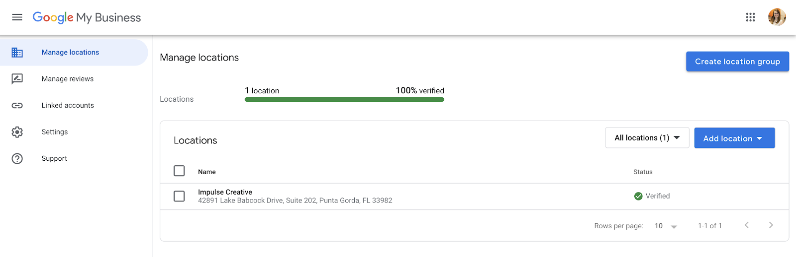 A screenshot of Google My Business' manage locations screen