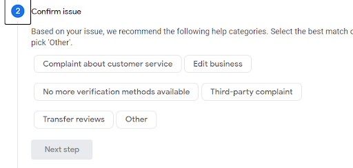 A screenshot of Google's customer support options for GMB