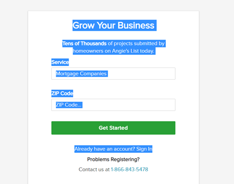 A screenshot of the profile information page on Angie's List