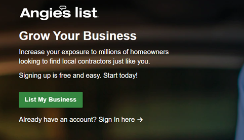 A screenshot of the signup page on Angie's list